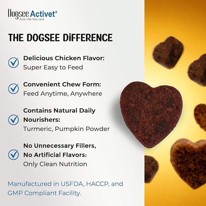 Dogsee Activet+ Dog Multivitamin Supplement Chews, with Vitamins, Minerals, Probiotics, Omega Fatty Acids & Glucosamine, Daily Wellness & Vitality Support, Chicken Flavor – 90 Chews