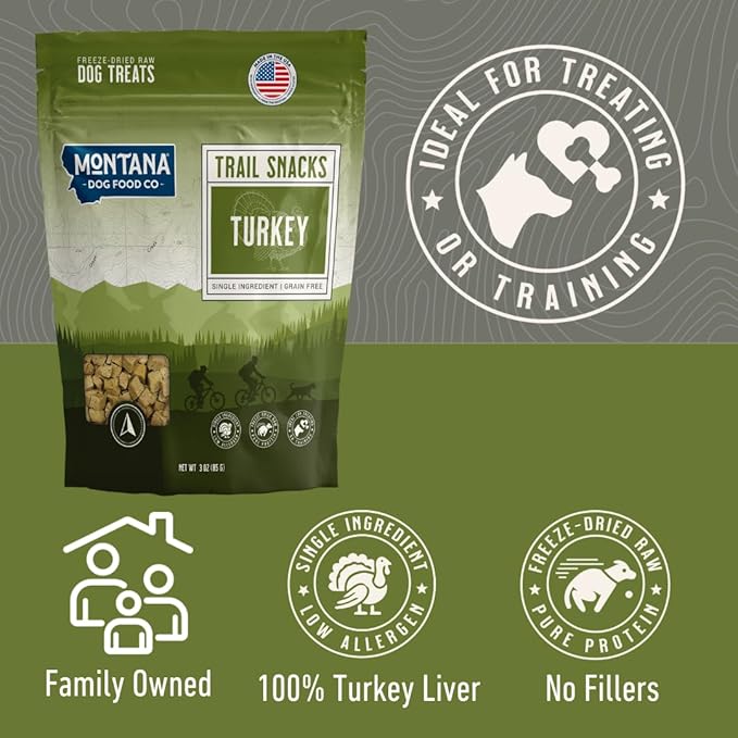 MONTANA DOG FOOD CO. Freeze-Dried Turkey Liver Dog Treats – 100% Natural Freeze Dried Dog Treats, Single Ingredient, High Protein, Grain-Free, Made in USA – 3 oz Bag