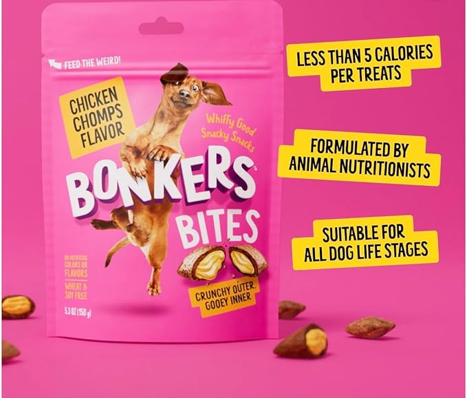 Bonkers Bites Dog Treats, Chicken Chomps Flavor, Crunchy & Gooey, 5.3 oz with Bone Waste Bag Dispenser