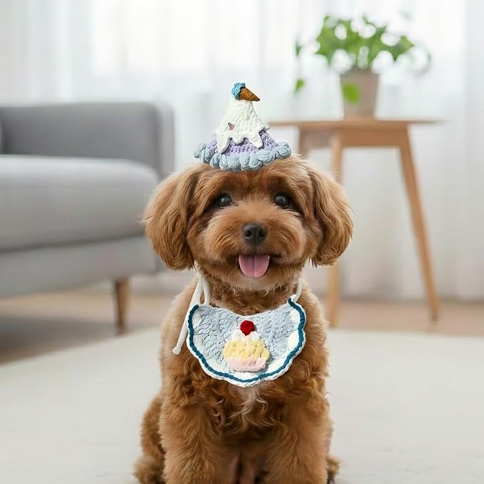 Knit Pet Costume – Ice Cream Dog Hat & Birthday Cake Cat Collar for Rabbits, Cats and Small Medium Dogs, Adjustable Cute Dog Outfit for Birthday Party, Holiday, Daily Wear & Photo Shoot
