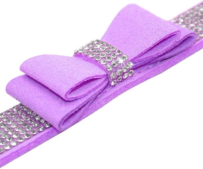 Cute Dazzling Sparkling Elegant Fancy Soft Suede Leather Bling Rhinestone Crystal Jeweled Pet Cat Dog Puppy Collar Dog Leash Combo Set (M, Purple-1)