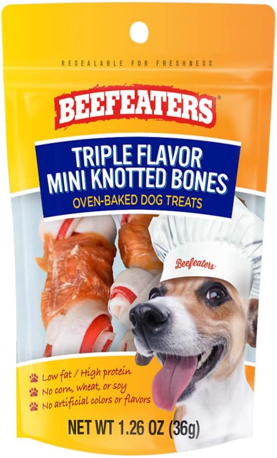 Beefeaters Triple Flavor Mini Knotted Bones Treats 1.26oz (Pack of 12) – High Protein Dog Chew Bones, Real Chicken Recipe, No Artificial Additives, Ideal for Training, Small Bones for Puppies & Dogs