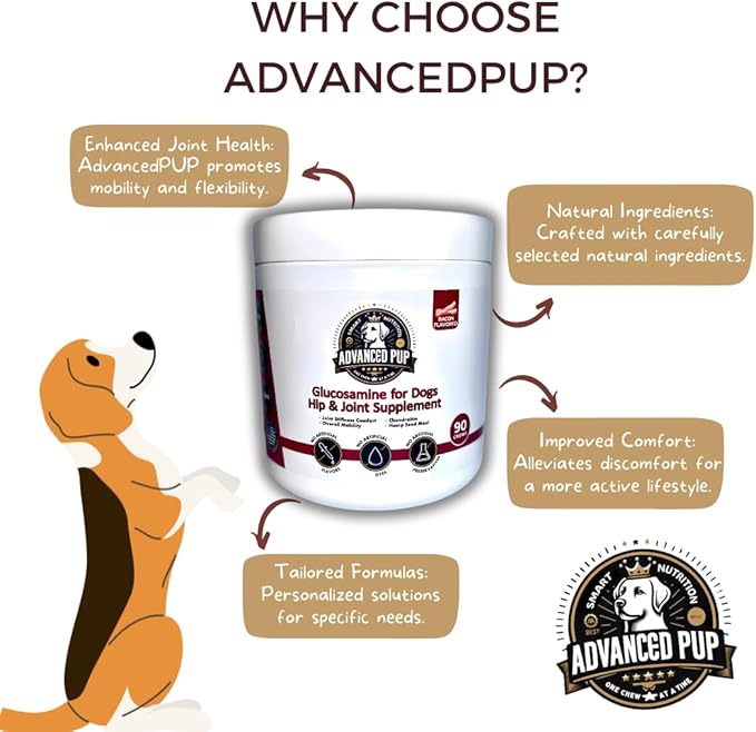 AdvancedPUP Dog Hip and Joint Supplement Chews – Glucosamine, Chondroitin, MSM & Turmeric – Mobility & Joint Support for Dogs – Bacon Flavor Soft Chews – 90 Count – Made in USA