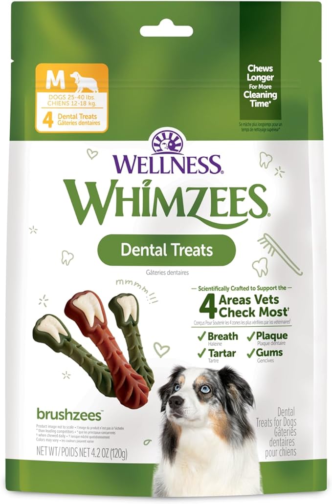 Whimzees Wellness Dog Dental Treats, Medium Size Brushzees, (4 Count)
