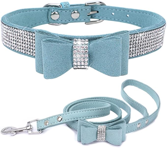 Light Blue Female Dog Collar and Leash Set with Bow Tie, Bling Diamond Kitten Collar with Bowtie Crystal Rhinestone Puppy Collars for XXS Xs Small Medium Large Girl Dogs Pet Cats, XXSmall