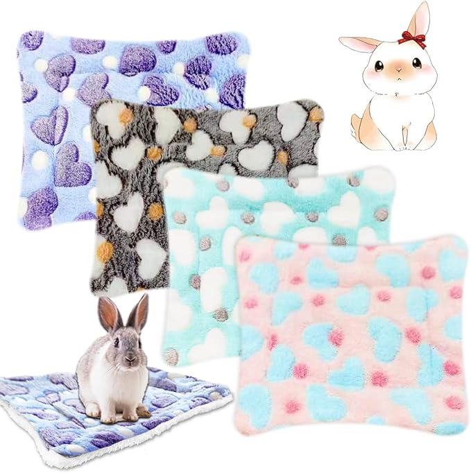 EAEDMY 4 Pieces Guinea Pig Bunny Comfortable Bed Mats Pads, Rabbit Warm Soft Bed, Hamster Bedding Pad Mats for Small Animals Chinchilla Hedgehog Baby Cats (14.9"X11.8", 1.Hearts Pattern)