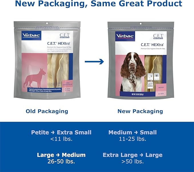 Virbac C.E.T.® HEXTRA® Premium Oral Hygiene Chews for Dogs, Rawhide Coated to Fight Bacteria and Reduce Plaque and Tartar, 26-50 lbs