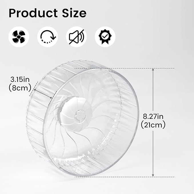 Silent Hamster Wheel, 8in Hamster Wheel No Stand, Double-Bearing Quiet Spinner for Syrian Hamsters, Hedgehogs, Mice & Small Pets, Clear