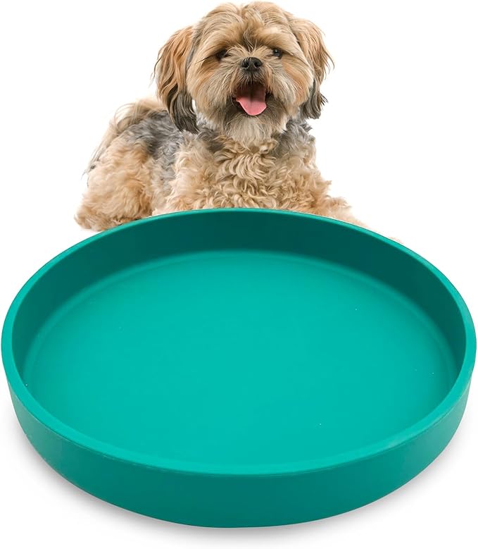Silicone Dog Bowl Shallow Cat Food Bowls 7" Wide Puppy Plates Whisker Fatigue Pet Feeding Dishes for Dry Food and Wet Food Indoor (Round Green)