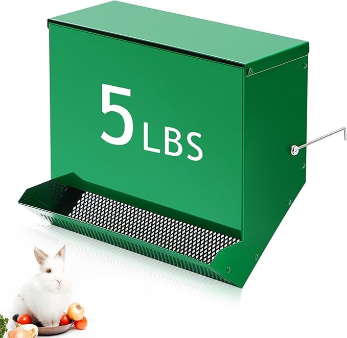 Maxcheck No-Waste Metal Rabbit Feeder for Cages, Large Hanging Food Dispenser with Mesh Bottom & Lid, Holds 5lb Feed for Several Days, Bunny & Small Pets
