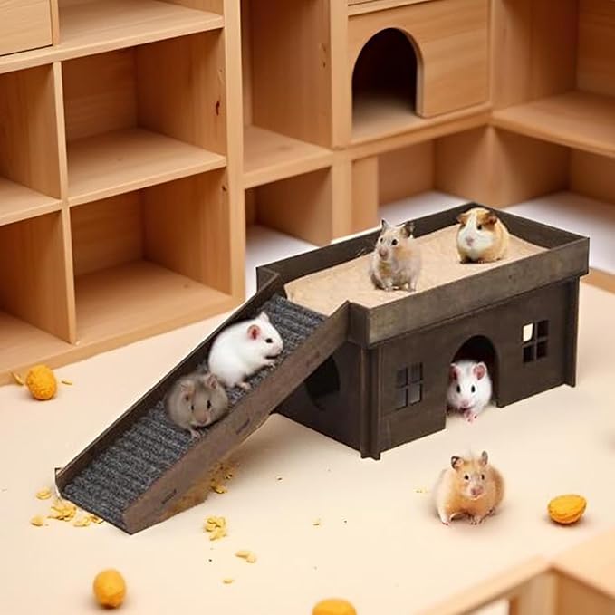 Large Bunny House with Stair, Wooden Bunny Castle Rabbit Hideout, Chinchilla and Guinea Pigs Hut Hideouts, Sturdy Rabbit Cage Hamster Hideout Bed Hutch（Excluding String Lights）