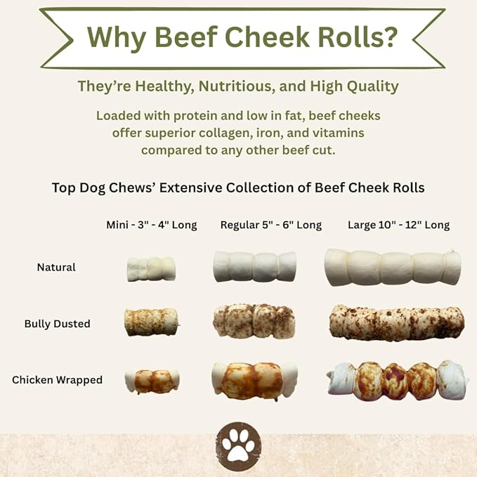 Top Dog Chews – 10” – 12” Buffalo Beef Cheek Rolls with Bully Dust Sprinkles, 3 Pack, Long Lasting Dog Bones for Aggressive Chewers, Rawhide Free Dog Treats (10" 3 Pack, Roasted)