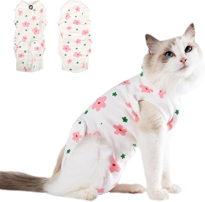 Cat Surgery Recovery Suit, Anti Licking Postoperative Onesie with Roll-Up Design, Soft Breathable Bodysuit Shirt for Female Spay Male Neuter Abdominal Wound Kitten E-Collar Cone Alternative