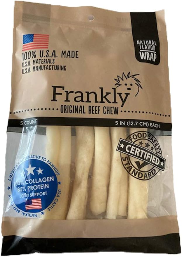 Frankly Natural Beef Flavor Roll Wrap Chews,Pack of 5,Small Rolls,5 inches Long 100 percent U.S.A Made American Beef Chew