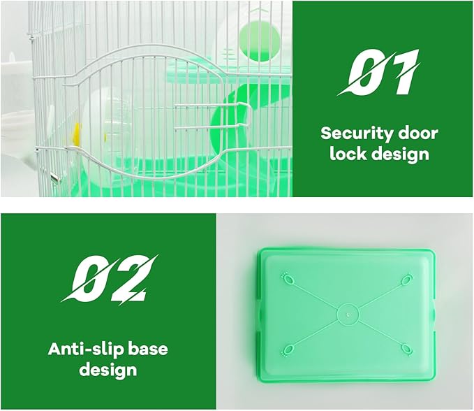 2-Tier Portable Hamster Cage and Habitats,Travel Metal Mouse Cages with Free Water Bottle,Houses and Exercise Wheel for Any Breed of Hamster and Small Animal (14.6x11.0x11.8inch Green)