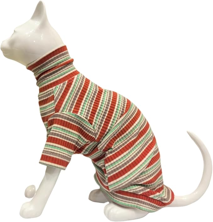 Turtle Neck Vintage Stripes Sphynx Hairless Cat Cotton T-Shirts Pet Clothes Vest Kitten Shirts Sleeveless, Cats & Small Dogs Apparel (Autumn, XS (2-3 lbs))