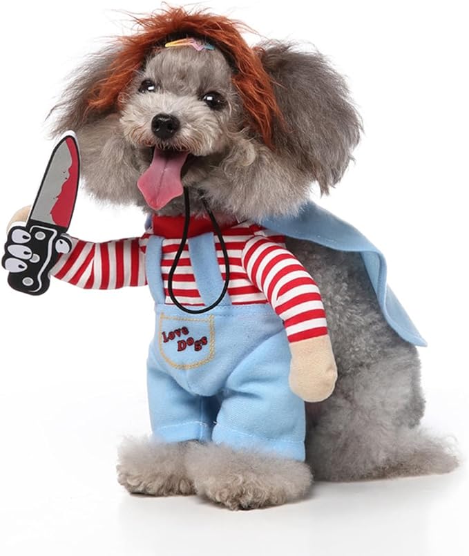 Puppy Deadly Doll Dog Costume, Pet Cosplay Clothes Halloween Christmas Funny Party Costume for Cats and Small Dogs (Large, Blue)