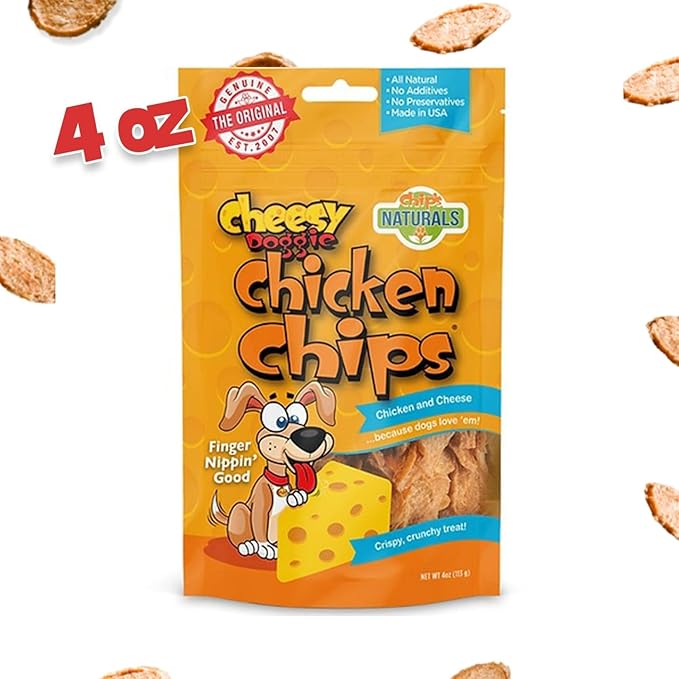 Chip's Naturals Cheesy Flavored Doggie Chicken Chips - Small 4 oz Natural High Protein Low Calorie Dog Treats, Grain Free Gluten Free USDA Inspected & Approved Chicken Treat for Dogs, Pet Supplies