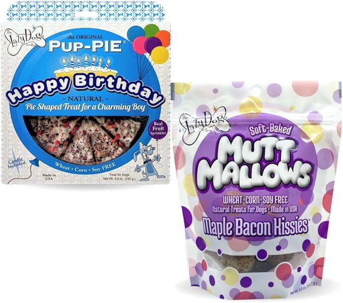 The Lazy Dog Cookie Co. - Original Pup-Pie - Happy Birthday Dog Treat for a Charming Boy, 5 oz with Bag of 5oz Bacon Flavor Mutt Mallows