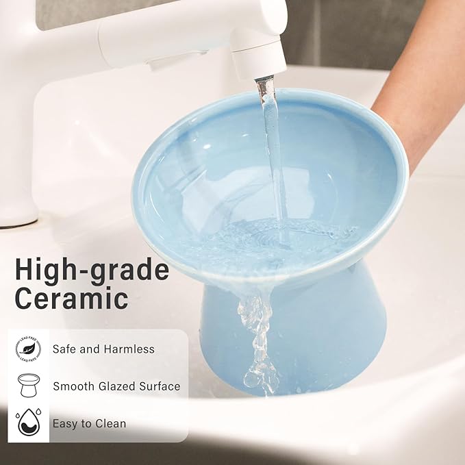 CEEFU Extra Wide Elevated Ceramic Cat Water Bowl - 6.2" Deeper Dish for Whisker Fatigue Relief, 5" Height for Easy Feeding, Lead & Cadmium Free, Durable Raised Cat Bowls, Blue