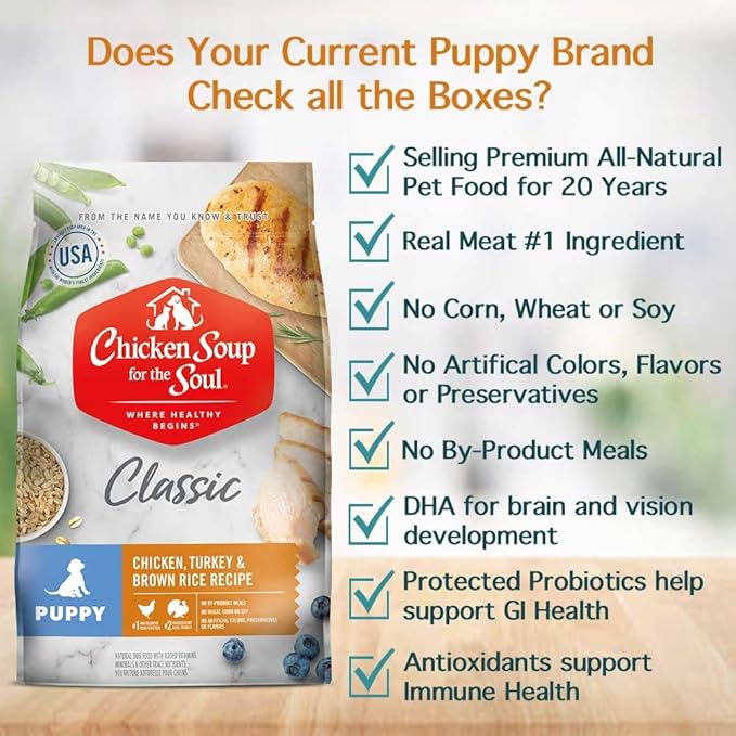 Chicken Soup for The Soul All Natural Premium Dry Puppy Food, Real Meat First Ingredient, No by-Products, Supports Brain Development & Strong Bones & Teeth, Chicken, Turkey & Brown Rice, 13.5lb