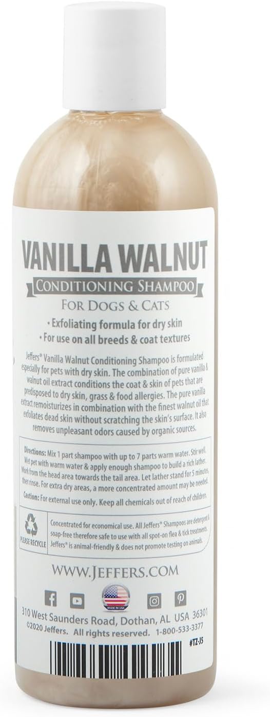 Jeffers Pet Vanilla Walnut Conditioning Dog & Cat Shampoo, 17 oz - Exfoliating Grooming Wash, Coconut Based Soap Free Formula, Walnut Oil & Vanilla Extract, Vitamins A D E, Concentrated Coat Care