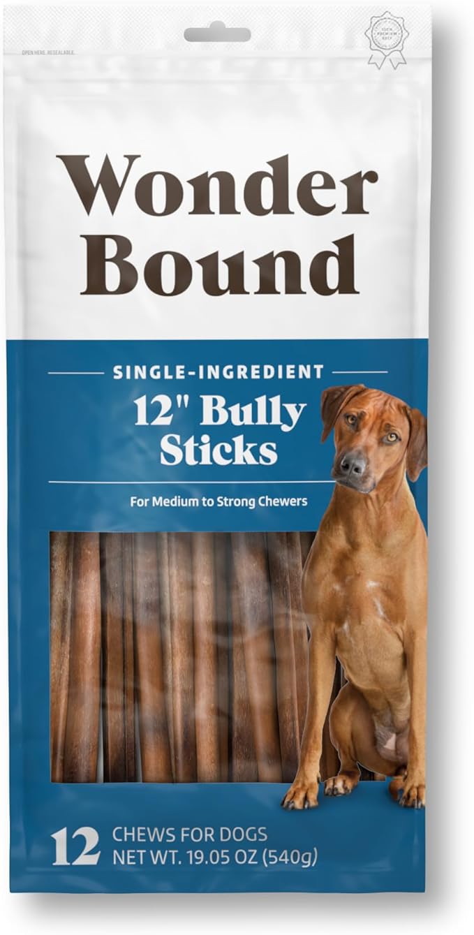 Amazon Brand - Wonder Bound Bully Sticks Dog Treats, All-Natural, Highly Digestible, Long Lasting Dog Beef Treats, 12 inch, (12 Count)