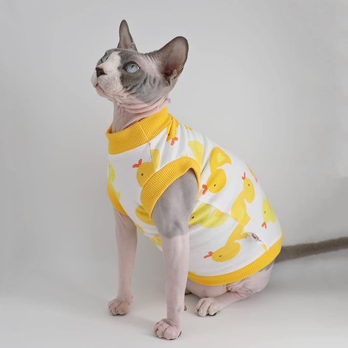 Sphynx Hairless Cat Summer Cotton T-Shirts Cat Vest Pet Clothes,Round Collar Vest Kitten Shirts Sleeveless, Cats & Small Dogs Apparel (Large, Yellow Ducks)