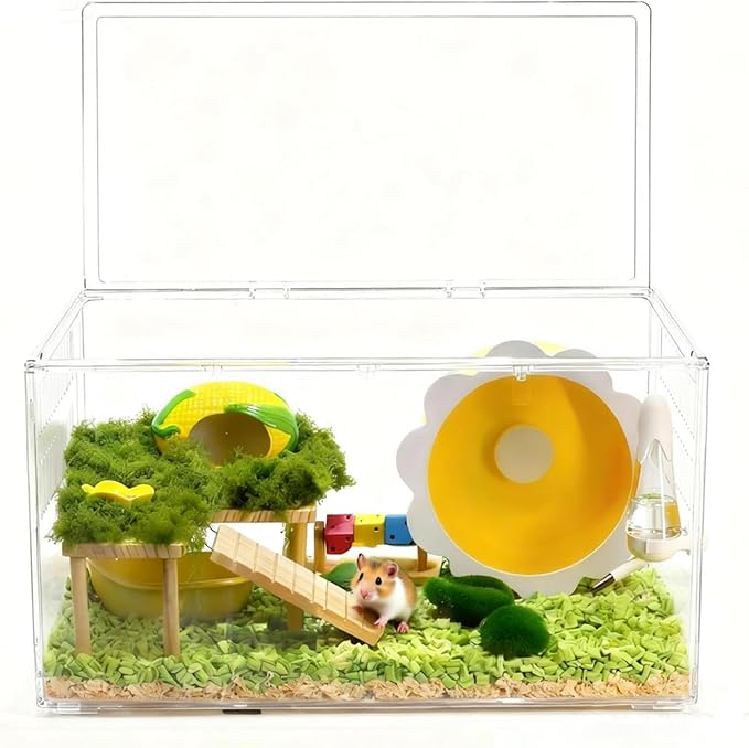 Large Clear Hamster Cage, 23.6 x 13.8 x 12.2 Inches, Transparent Pet Habitat with Ventilation and openable Top Cover, All-in-1