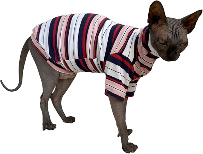 Vintage Stripes Sphynx Hairless Cats Shirt Cotton Cat Turtleneck Pet Clothes Kitten T-Shirts with Sleeves for Sphynx Cornish Rex, Devon Rex, Peterbald (Gentlemen, Large (Pack of 1))