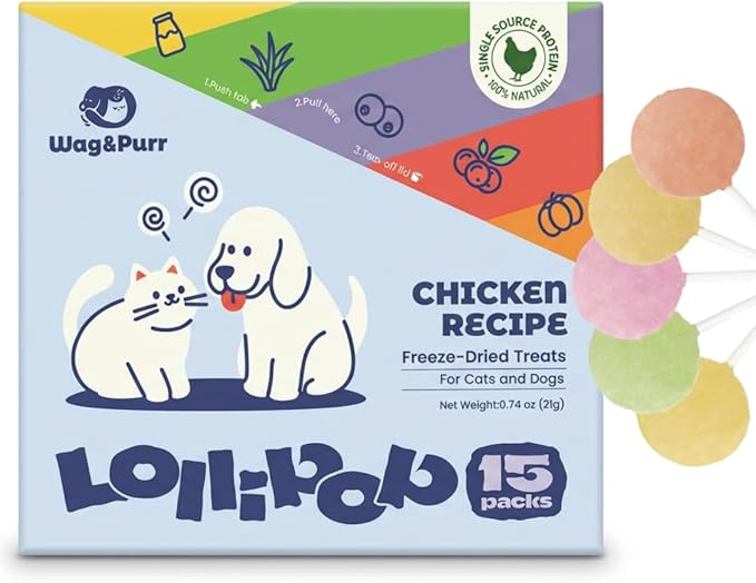 Wag&Purr Freeze Dried Cat Treats - Chicken Lollipops, 15 Pack, High Protein Snacks for Cats & Small Dogs, Training, Food Topper & Interactive Treat