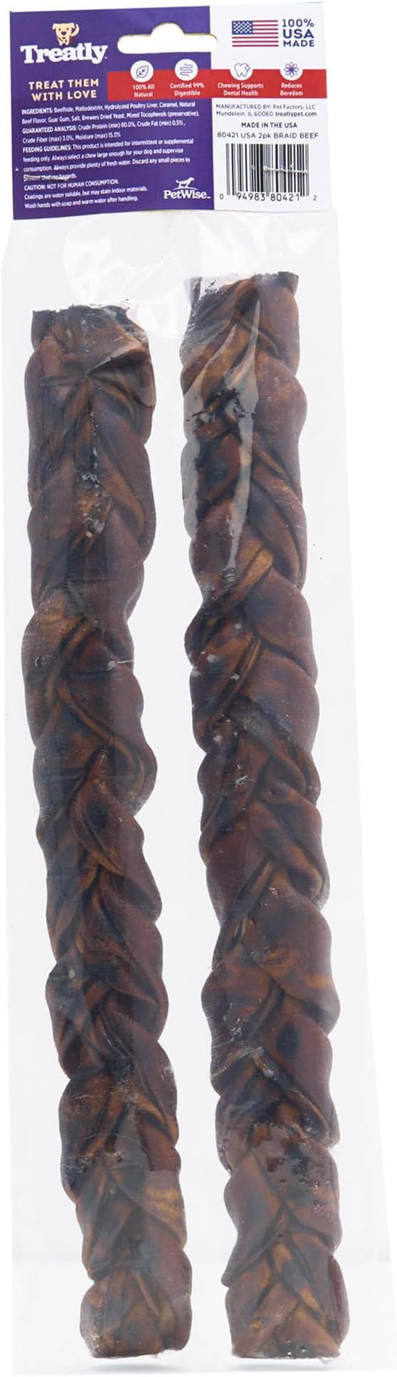 USA Beefhide Braids 12-13" Dog Chew Treats - Beef Flavor, 2 Count/1 Pack