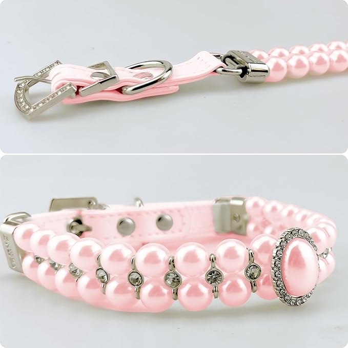 KUDES Small Dog Cat Big Pearl Collars with Crystal Rhinestone Diamond Décor, Adjustable Cute Fashion Pet PU Leather Necklace for Wedding Birthday Party (Pink, S(9''-11.5'') for Cats and Puppies)