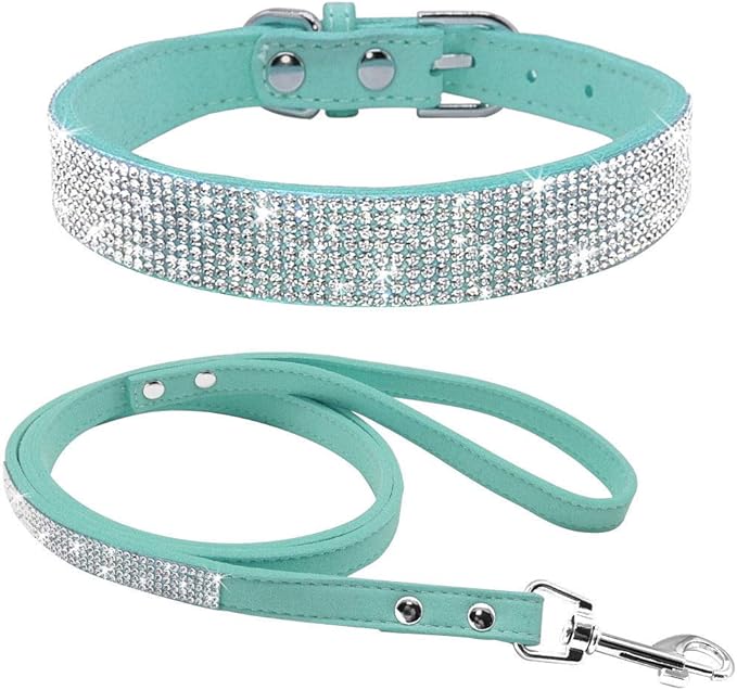 Cute Dazzling Sparkling Elegant Fancy Soft Suede Leather Bling Rhinestone Crystal Jeweled Pet Cat Dog Puppy Collar Dog Leash Combo Set (M(Neck 12.5-15"), Light Blue)
