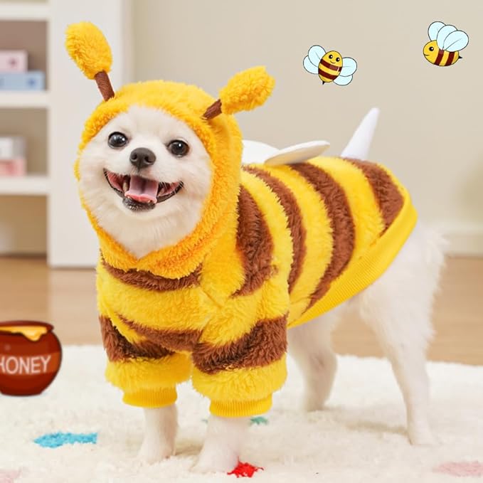 ANIAC Fleece Dog Hoodies with D-Ring Autumn Winter Puppy Clothes for Small Dogs Bumblebee Cat Apparel Cold Weather Coat Funny Dog Bee Costume for Christmas Halloween (Yellow, XX-Large)
