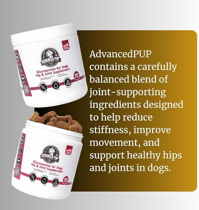 AdvancedPUP Dog Hip and Joint Supplement Chews – Glucosamine, Chondroitin, MSM & Turmeric – Mobility & Joint Support for Dogs – Bacon Flavor Soft Chews – 90 Count – Made in USA