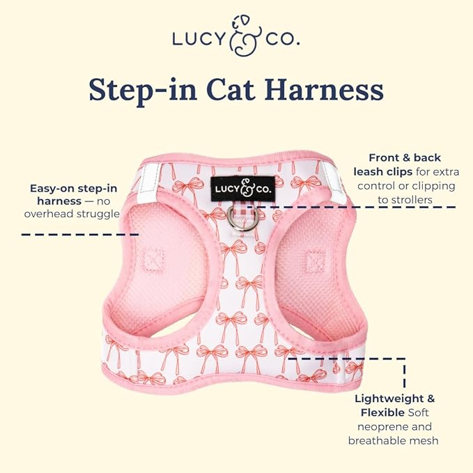 Lucy & Co. Take a Bow Step-in Cat Harness & Leash Bundle – Reflective, Breathable & Adjustable Harness for Cats, Kittens & Small Dogs, Lightweight & Secure and Dual Leash Clips – Small