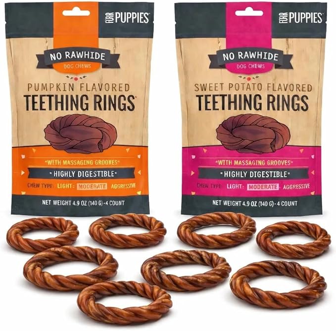 No Rawhide Puppy Teething Rings – Highly Digestible Rawhide Alternative Chews (8 Rings, Pumpkin & Sweet Potato)
