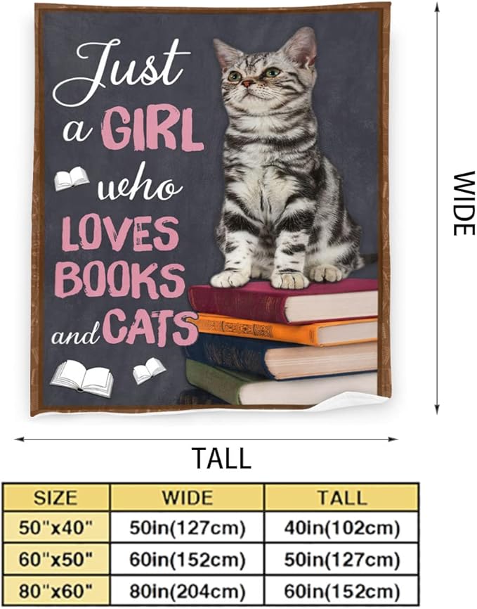 Just A Girl Who Loves Books and Cats Blanket Cute Cats Decor Throw Blanket Gifts for Girls Super Warm Soft Plush Lightweight Fleece Flannel Blanket Winter Bedding Blanket for Kids Adults Women 50"x60"