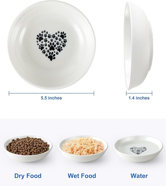 6PCS Whisker Fatigue Ceramic Cat Dishes - 5.5" Shallow Cat Food Bowl, Cute Kitten Plates for Wet Food, Whisker-Friendly, Non-Slip, Wide, White, Heart & Claw Pattern