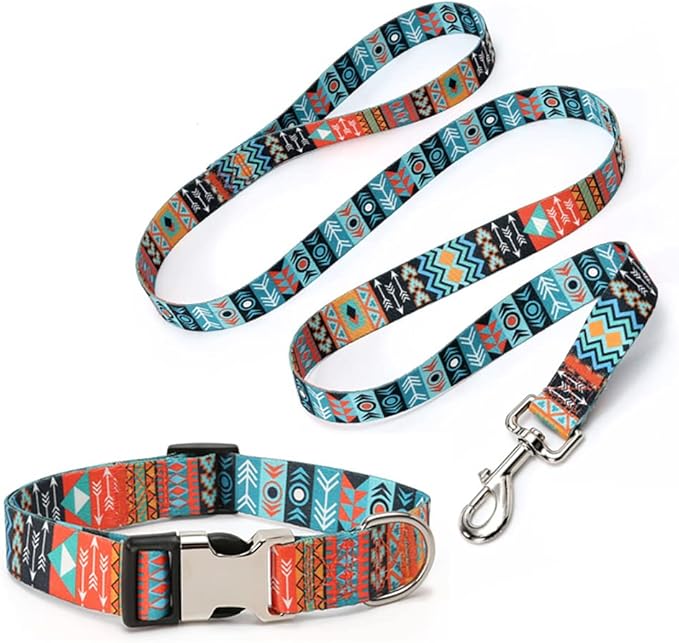 Dog Collar and Leash Set, Quick Release Buckle Soft Durable Print Puppy Collars Adjustable for Small Medium Large Pet Male Dogs Boy Cat Maya M