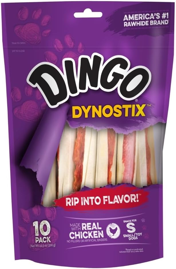Dingo Dynostix Premium Rawhide Treats Made with Real Chicken, No Fillers or Artificial Binders, America's #1 Rawhide Brand 10-Count