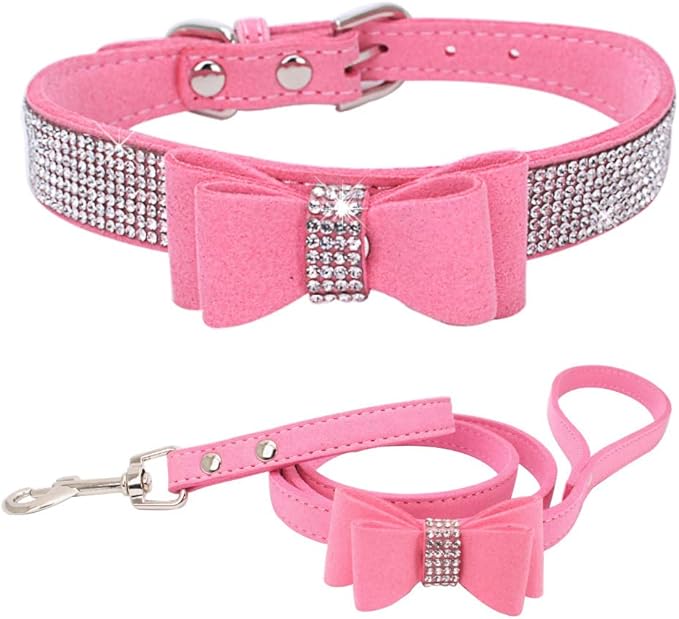 Pink Rhinestone Dog Collar and Leash Set with Bow Tie, Bling Diamond Cat Collar with Bowtie Crystal Girl Puppy Collars for XXS Xs Small Medium Large Female Dogs Pet Kitten, XSmall