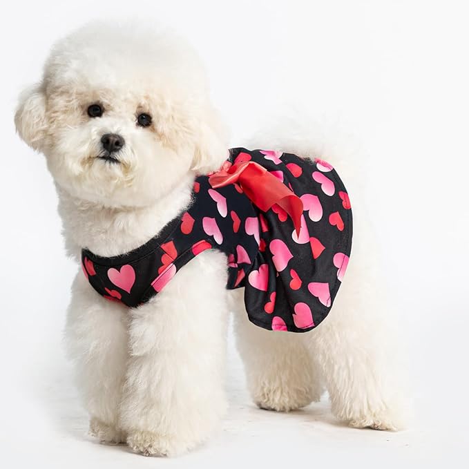 PUPTECK Print Dog Spring Dress Pet Costumes Apparel with Cute Bowtie Puppy Clothes Outfit, Heart, M