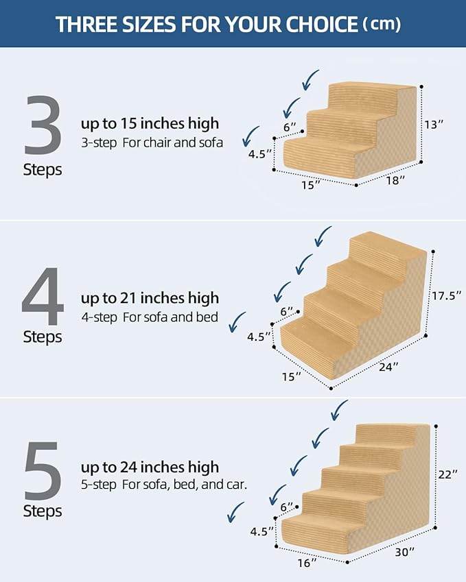Vfrog Dog Stairs for Small Dogs,17.5" H,4-Step Dog Steps Ramp for Bed and Couch with High Density Foam,Non-Slip Pet Steps for Dogs and Cats,Pet Stairs with a Washable Cover,Khaki