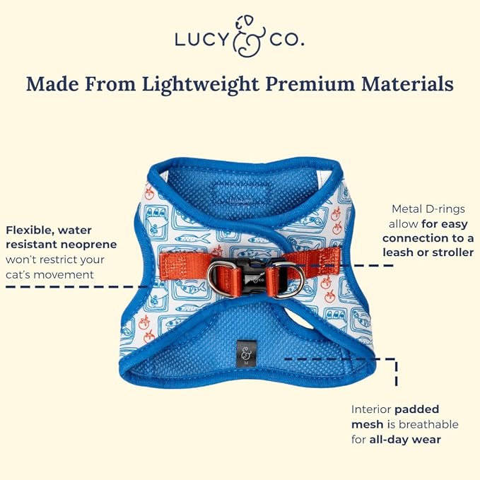 Lucy & Co. Tinned Fish Step-in Cat Harness & Leash Bundle – Reflective, Breathable & Adjustable Harness for Cats, Kittens & Small Dogs, Lightweight & Secure and Dual Leash Clips – X-Small