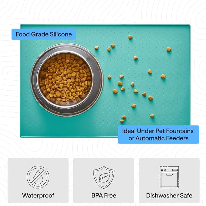 GORILLA GRIP 100% Waterproof Raised Edge BPA Free Silicone Pet Feeding Mat, Dog Cat Food Mats Contain Spills Protects Floors, Placemats for Cats and Dogs Water Bowl, Pets Accessories 23x15 Turquoise