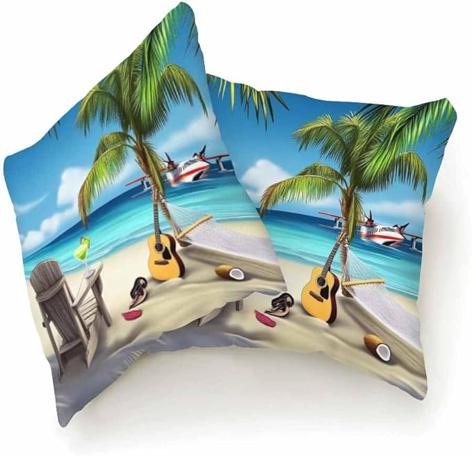 Throw Pillow Covers Green Palm Tree Relaxed Island Beach Holiday Blue Sky and Sea Sand Pillowcase Decor for Room Bed Chair,18X8 Inch Set of 2