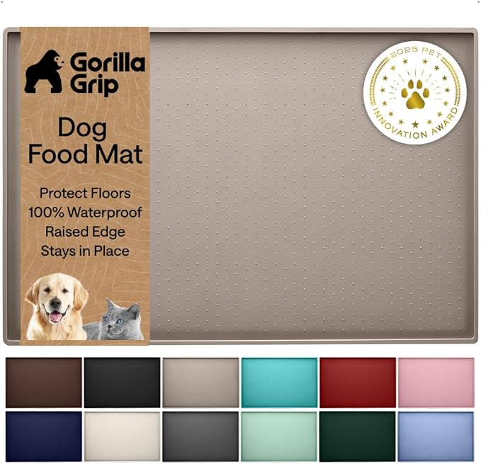 GORILLA GRIP 100% Waterproof Raised Edge BPA Free Silicone Pet Feeding Mat, Dog Cat Food Mats Contain Spills Protects Floors, Placemats for Cats and Dogs Water Bowl, Pets Accessories 32x24 Beige