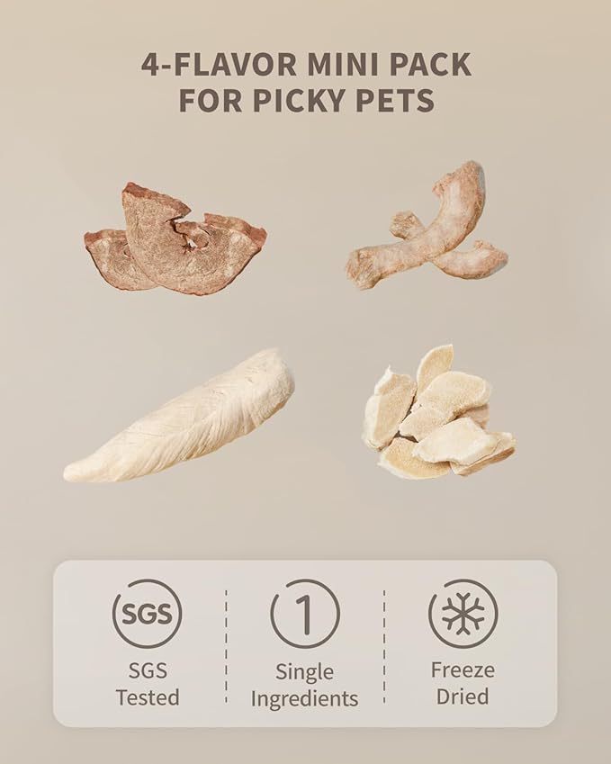 Freeze-Dried Cat & Dog Treats Trial Variety Pack – Single-Ingredient Healthy Proteins (Rabbit Tenderloin, Pork Heart, Chicken Neck & Breast), Raw Nutrition, No Additives, 1.1 oz